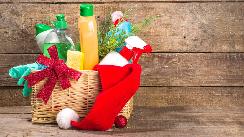 Holiday cleaning supplies in a basket